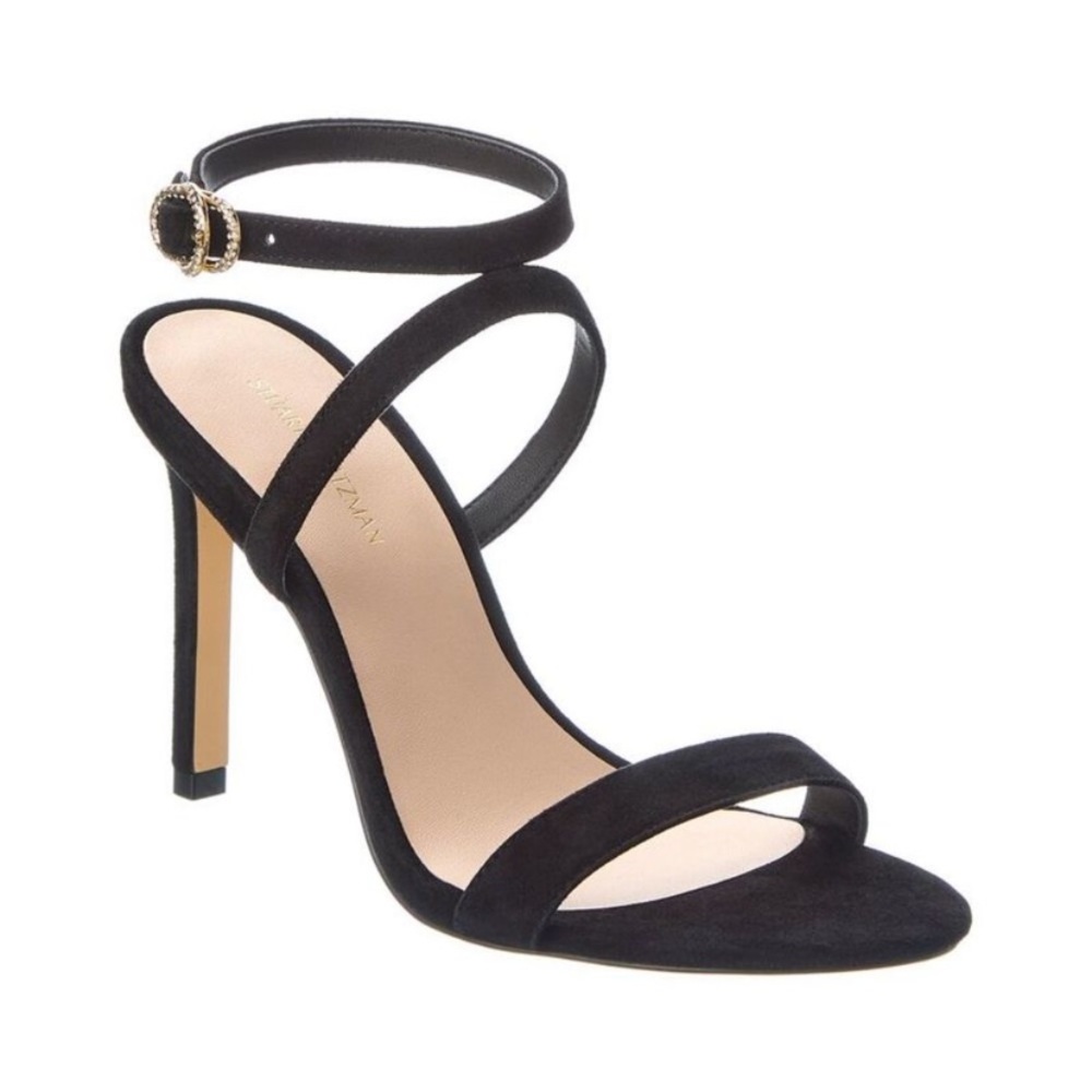 New Stuart Weitzman Black Suede Crystal Buckle High Heel Sandal